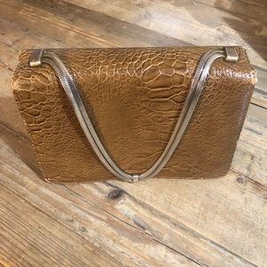 Vintage Snake Embossed Snap Enclosure Drop Handle Silver Hardware in Brown Tan